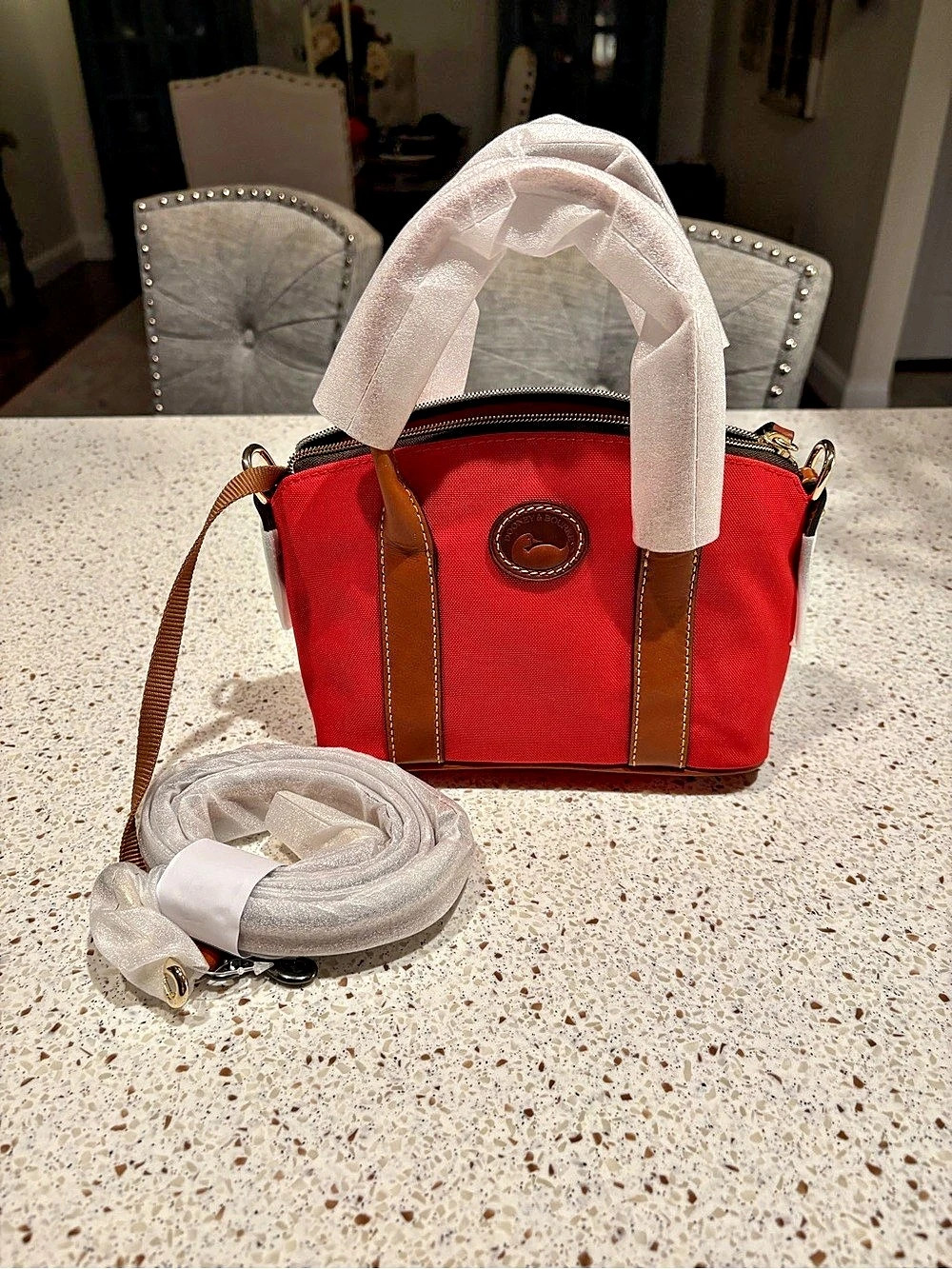 Dooney & Bourke Nylon / Canvas Small Zip Madeline Satchel Red Brown Leather New